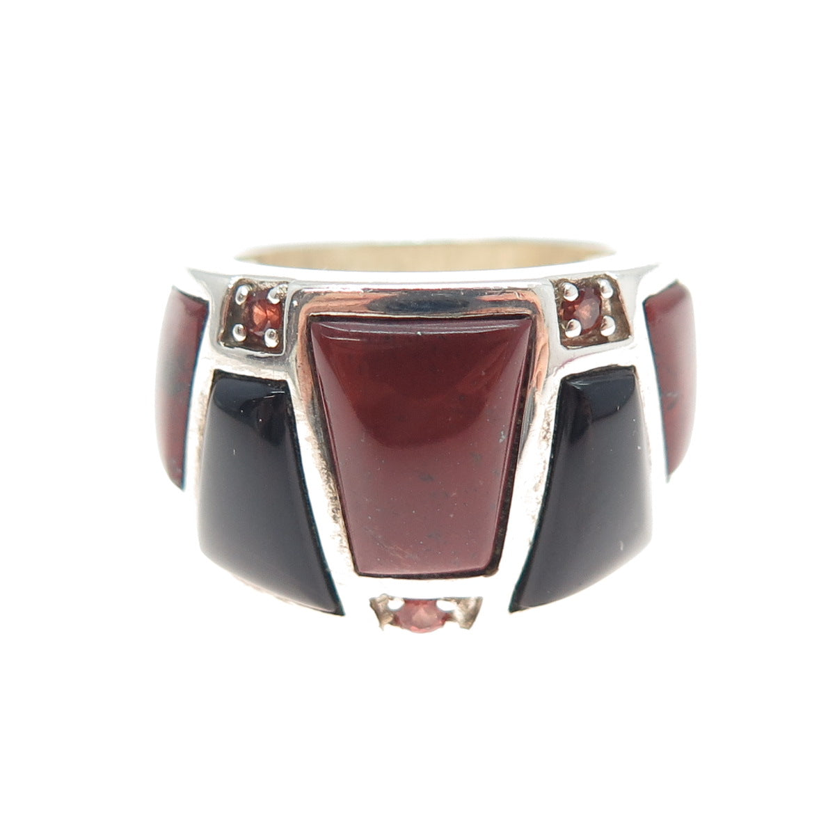 M.R.F. RESOURCES 925 Sterling Silver Real Black Onyx Jasper Garnet Ring Size 5.5