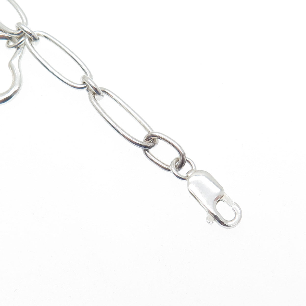 925 Sterling Silver Vintage Open Heart Charms Paperclip Link Bracelet 7"
