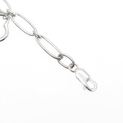 925 Sterling Silver Vintage Open Heart Charms Paperclip Link Bracelet 7"