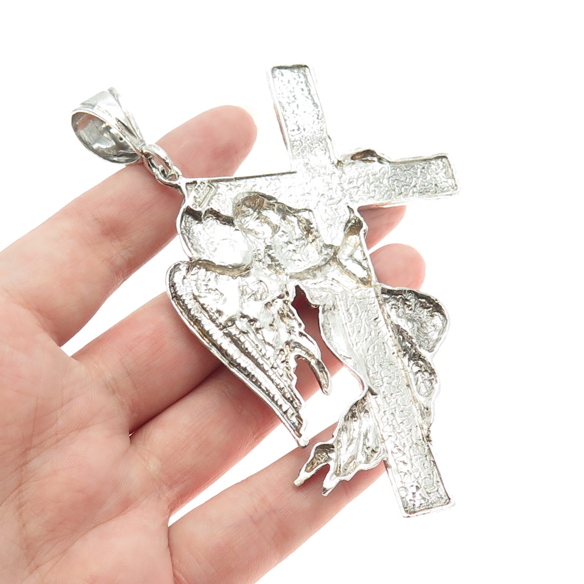 1 OF A KIND 925 Sterling Silver Vintage Lourdes Cross Angel Religious Pendant