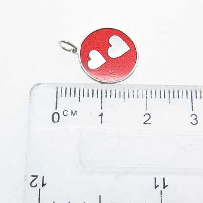 925 Sterling Silver Red Enamel Couple Hearts Round Tag Minimalist Charm Pendant