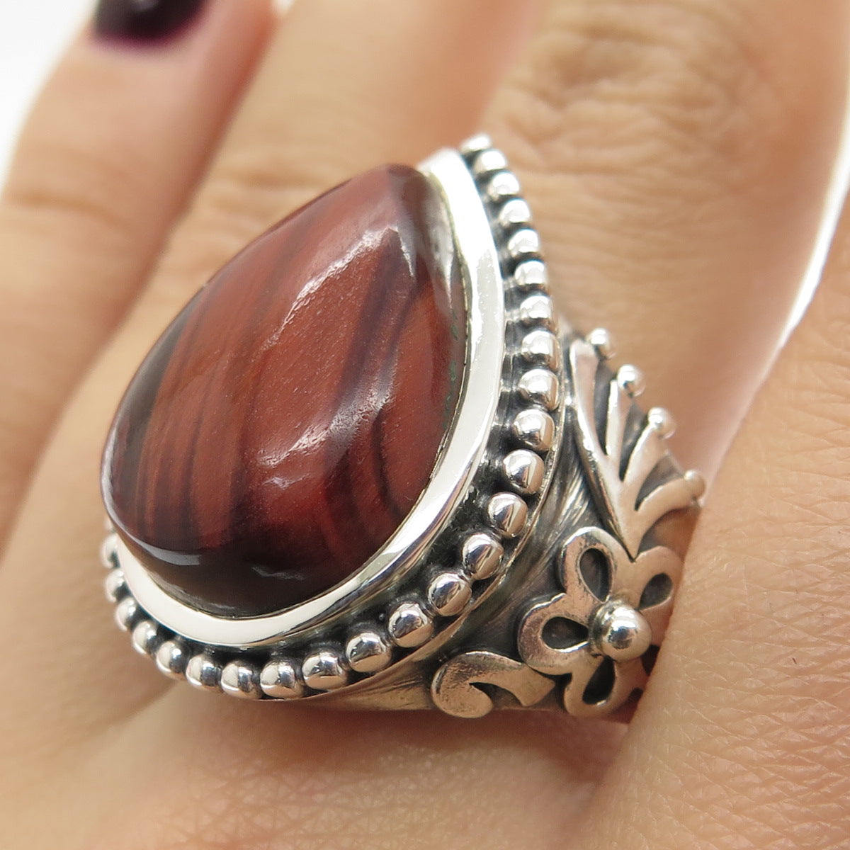 DOUG PAULUS 925 Sterling Silver Vintage Real Pear-Cut Tiger Eye Ring Size 10.25