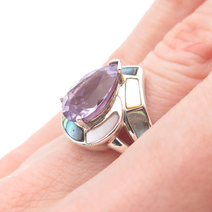 Whitney Kelly Sterling Vintage Real Amethyst Abalone Shell & MOP Ring Size 6.25