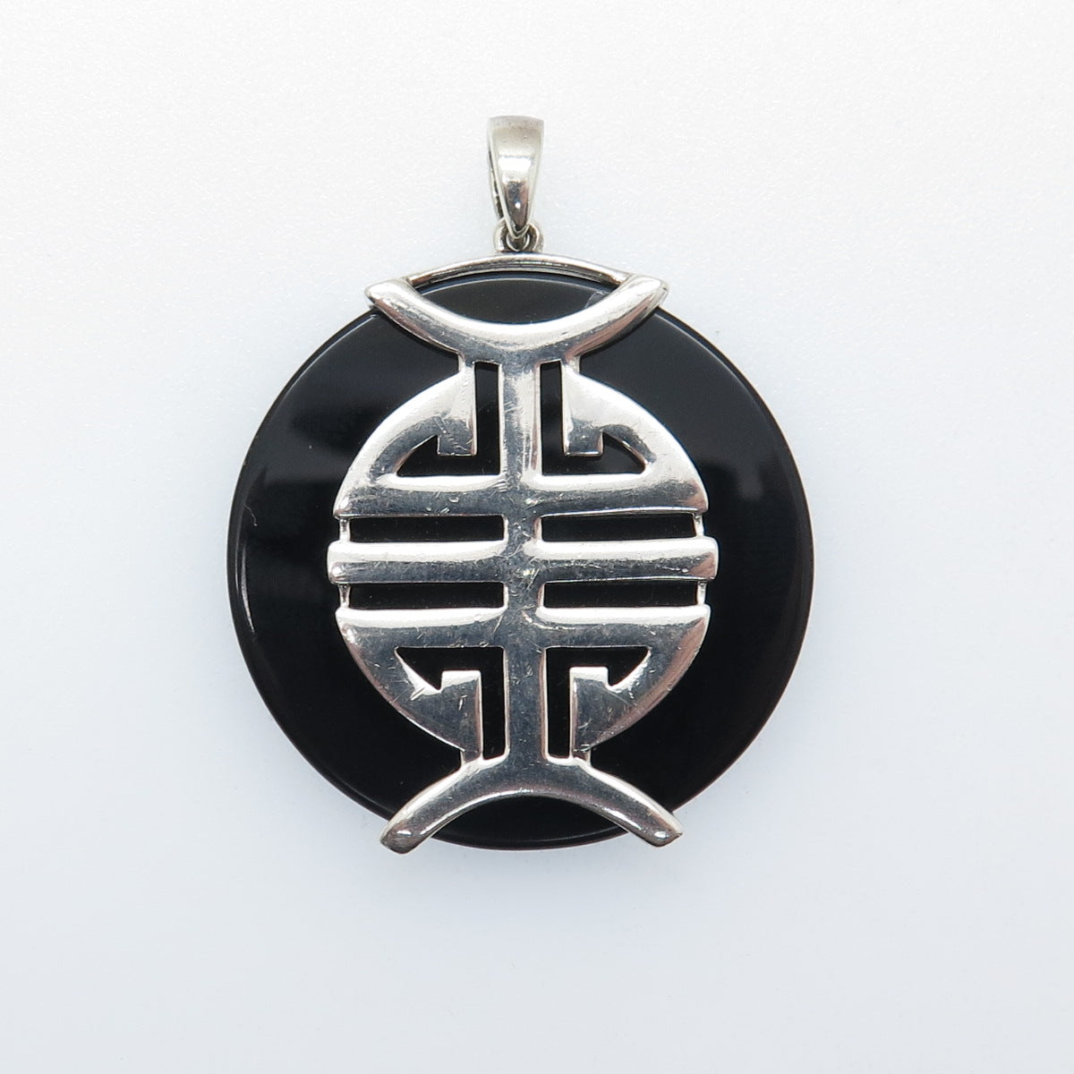 925 Sterling Silver Vintage Real Black Onyx Chinese Character Good Luck Pendant