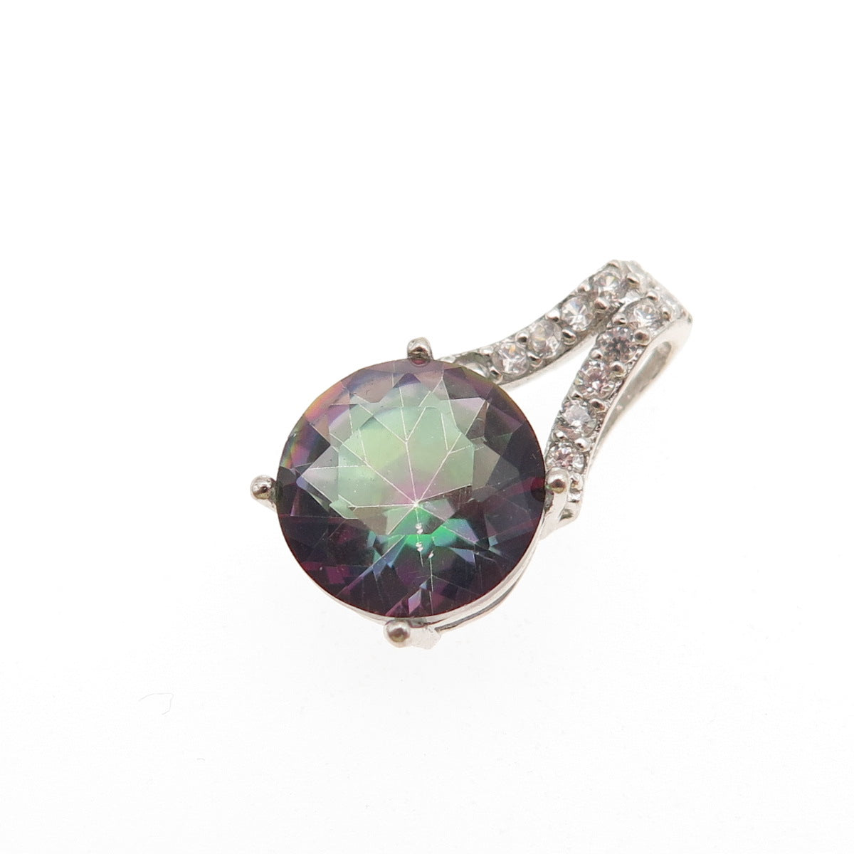 925 Sterling Silver Real Round-Cut Mystic Quartz & C Z Mini Slide Charm Pendant