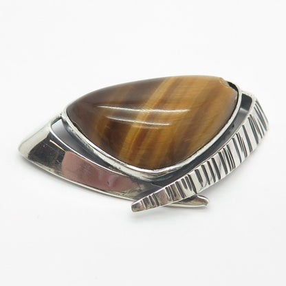 925 Sterling Silver Vintage Real Tiger Eye Gemstone Pin Brooch