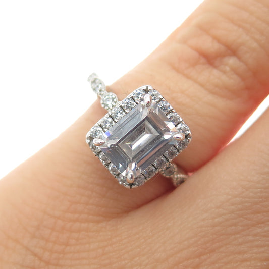 925 Sterling Silver Emerald & Round-Cut C Z Engagement Ring Size 5