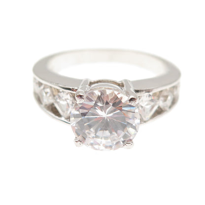 925 Sterling Silver Round & Princess-Cut C Z Engagement Ring Size 9