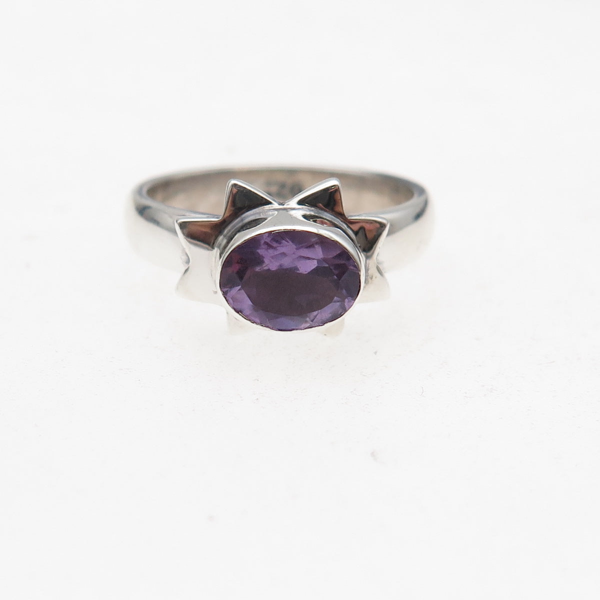 925 Sterling Silver Vintage Real Amethyst Modernist Sun Oxidized Ring Size 7.75
