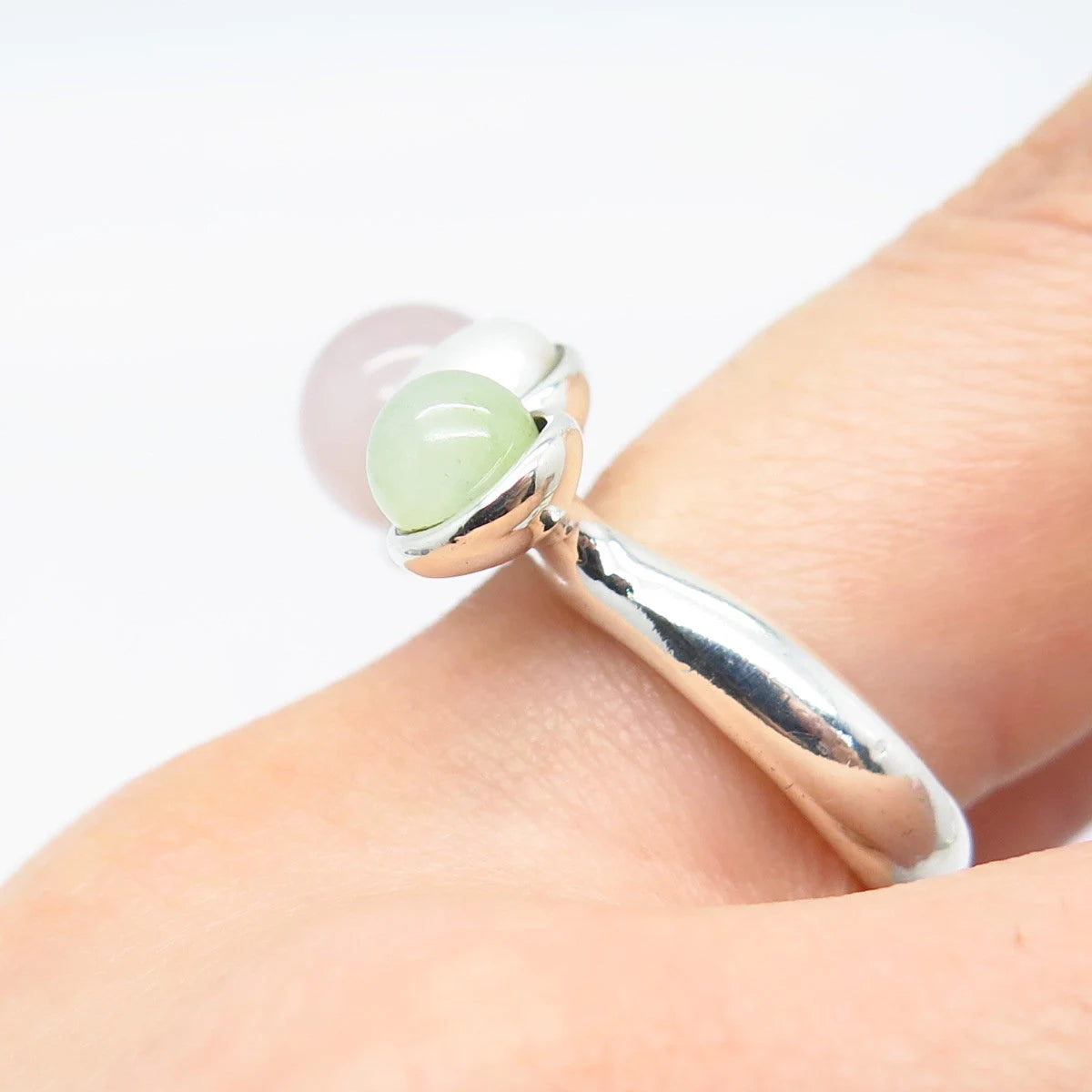 925 Sterling Silver Vintage Real Pearl & Rose Green Quartz Ring Size 7.5