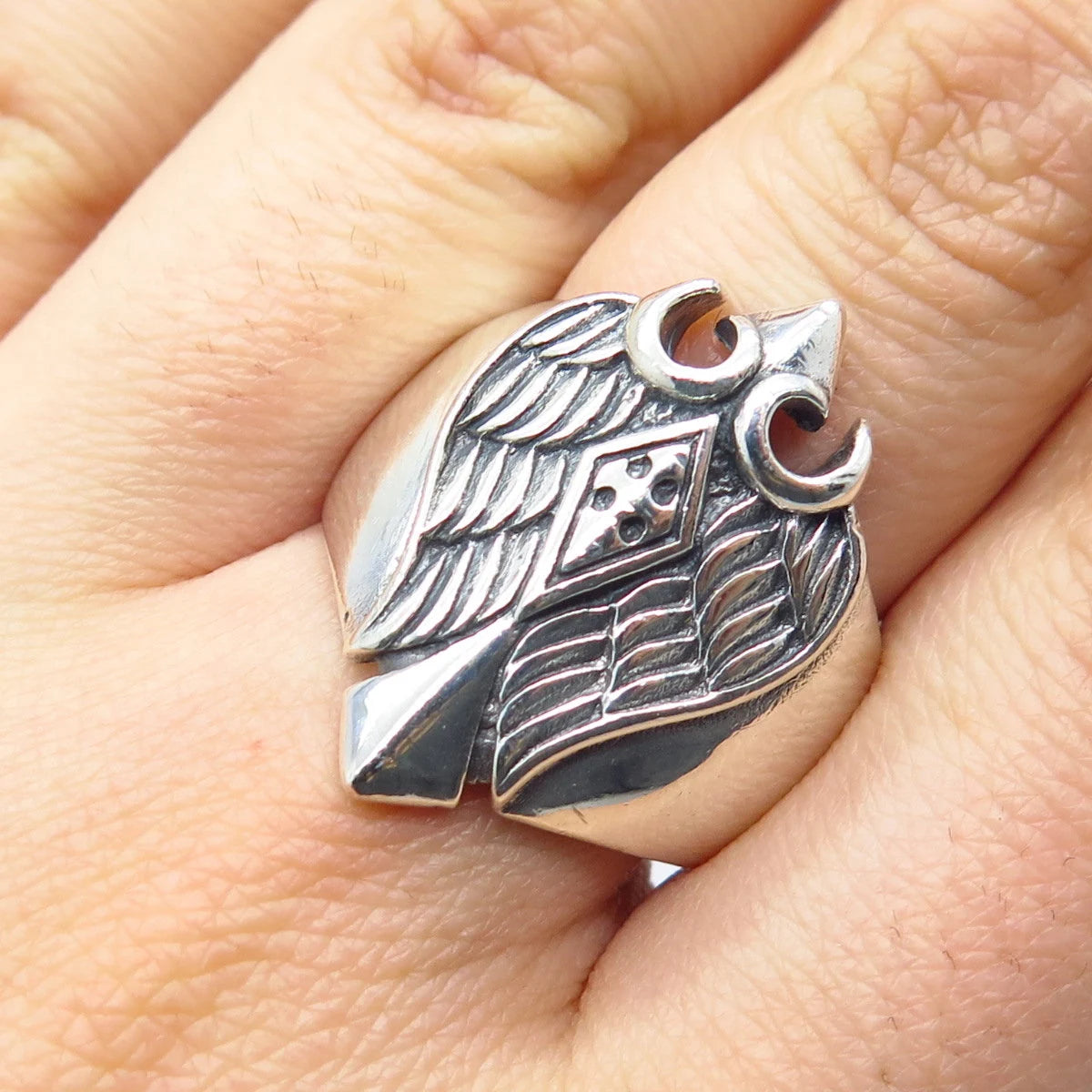 925 Sterling Silver Vintage Cross & Eagle Wings Ring Size 8