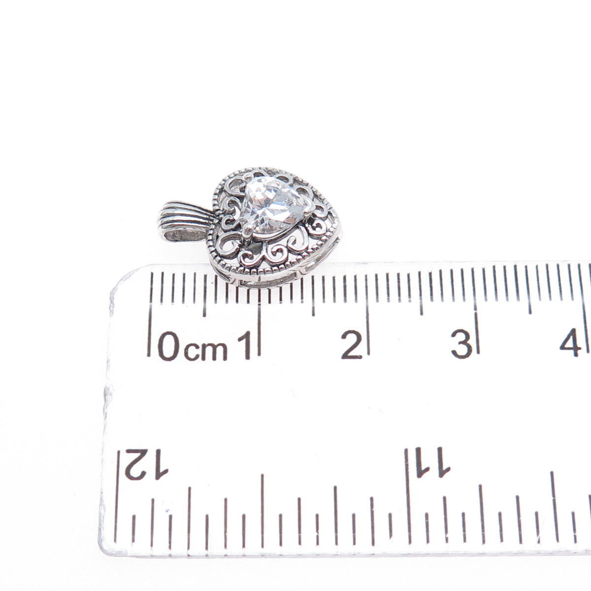 925 Sterling Silver Vintage C Z Ornate Heart Mini Charm Pendant