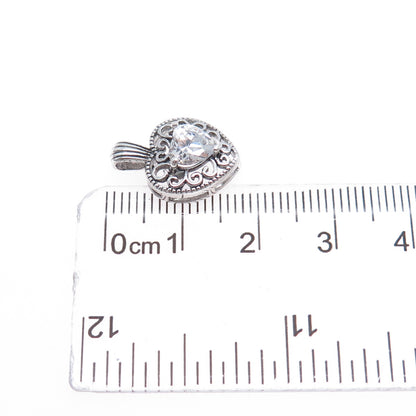 925 Sterling Silver Vintage C Z Ornate Heart Mini Charm Pendant