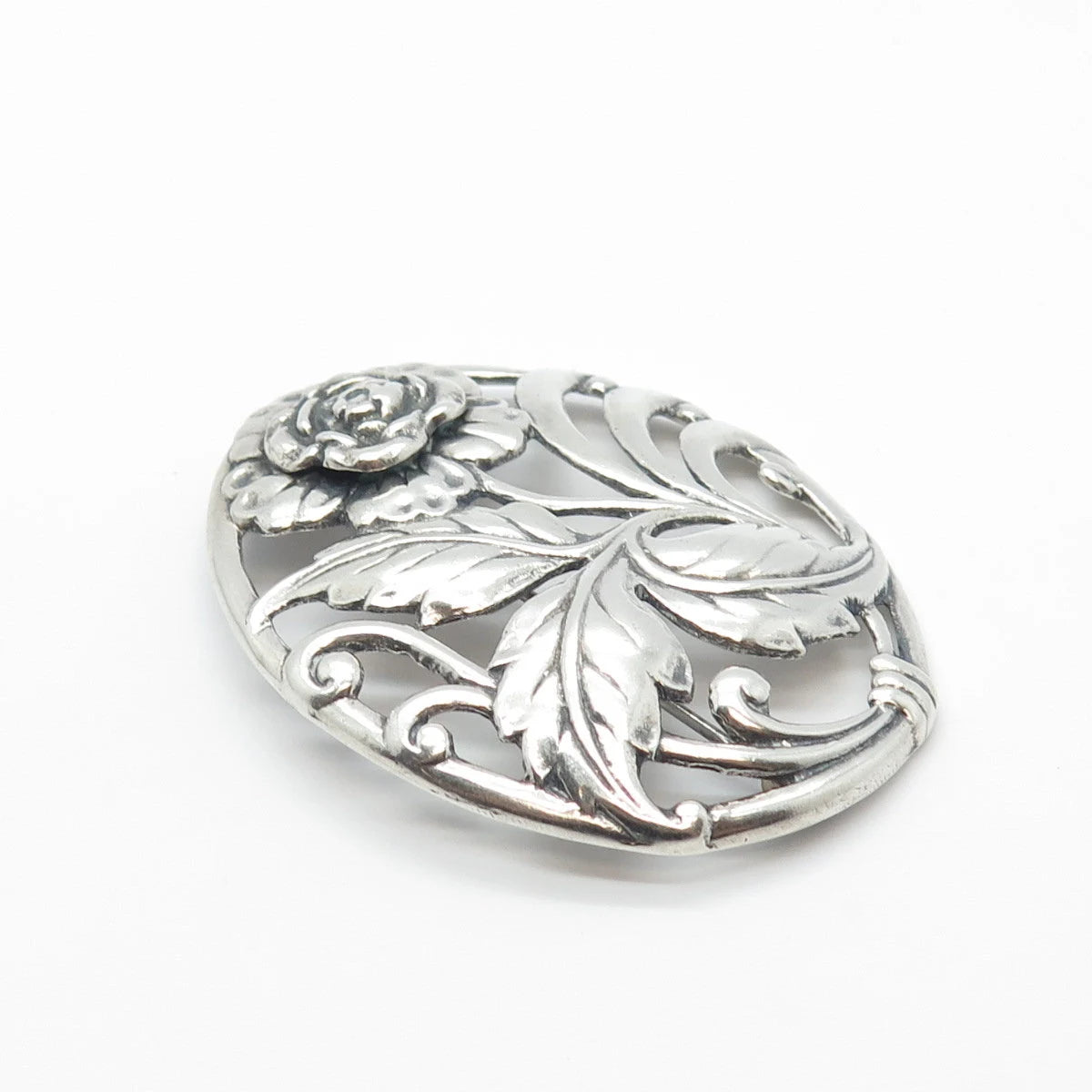 925 Sterling Silver Vintage Oval Floral Pin Brooch