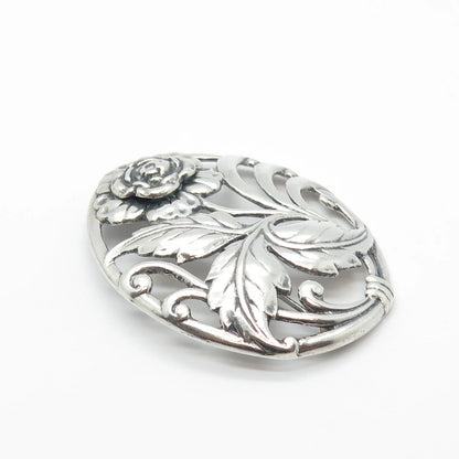 925 Sterling Silver Vintage Oval Floral Pin Brooch