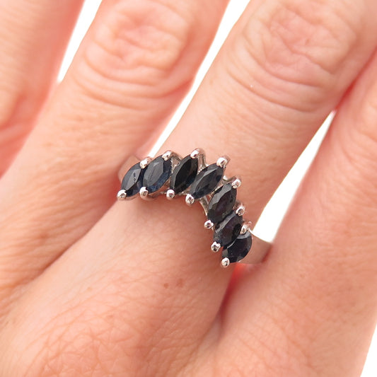 925 Sterling Silver Vintage Real Marquise-Cut Sapphire Oxidized Ring Size 8