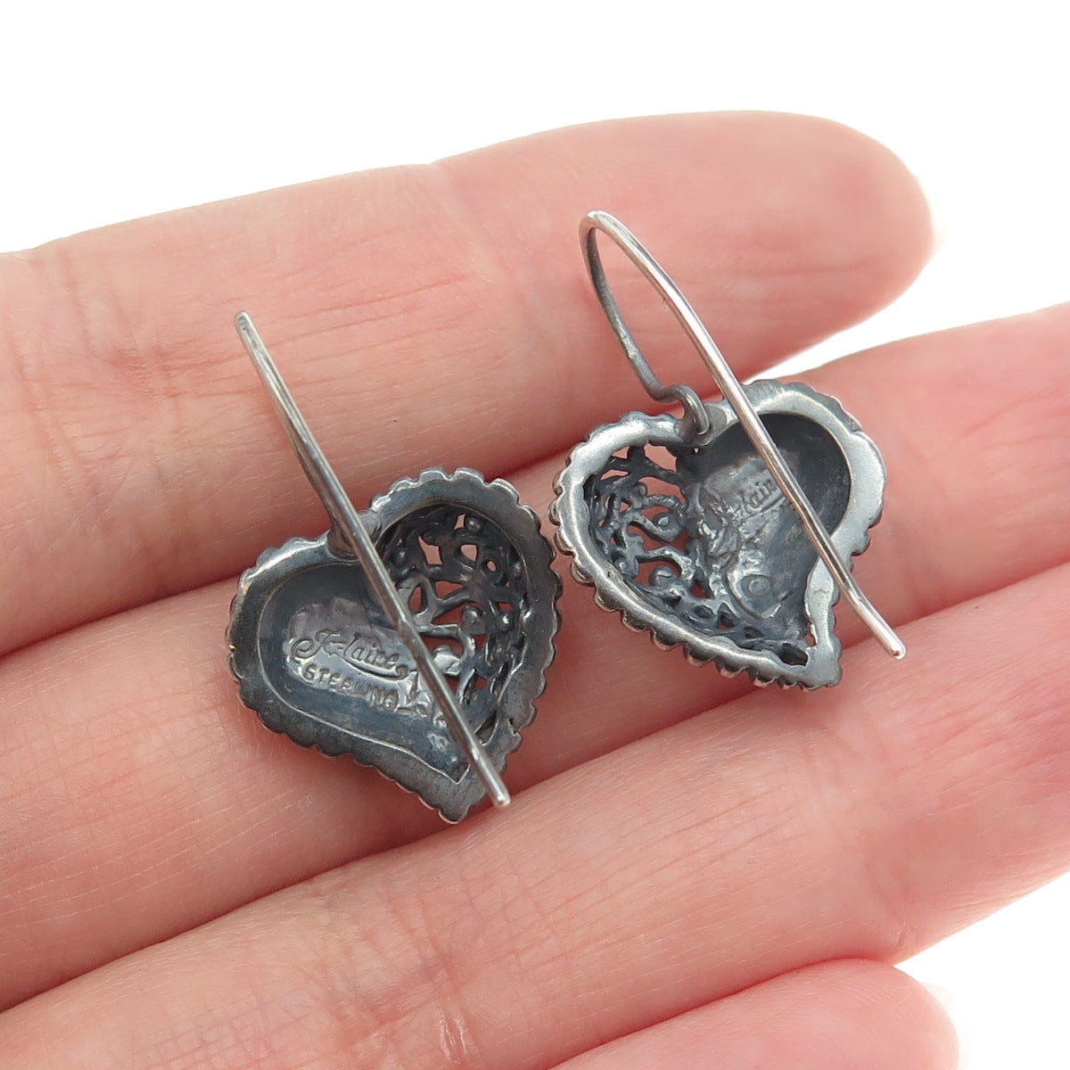 JEZLAINE 925 Sterling Silver Vintage Beaded Swirl Heart Earrings