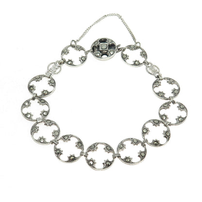 925 Sterling Silver Antique Art Deco Real Marcasite Round Link Bracelet 7.5"