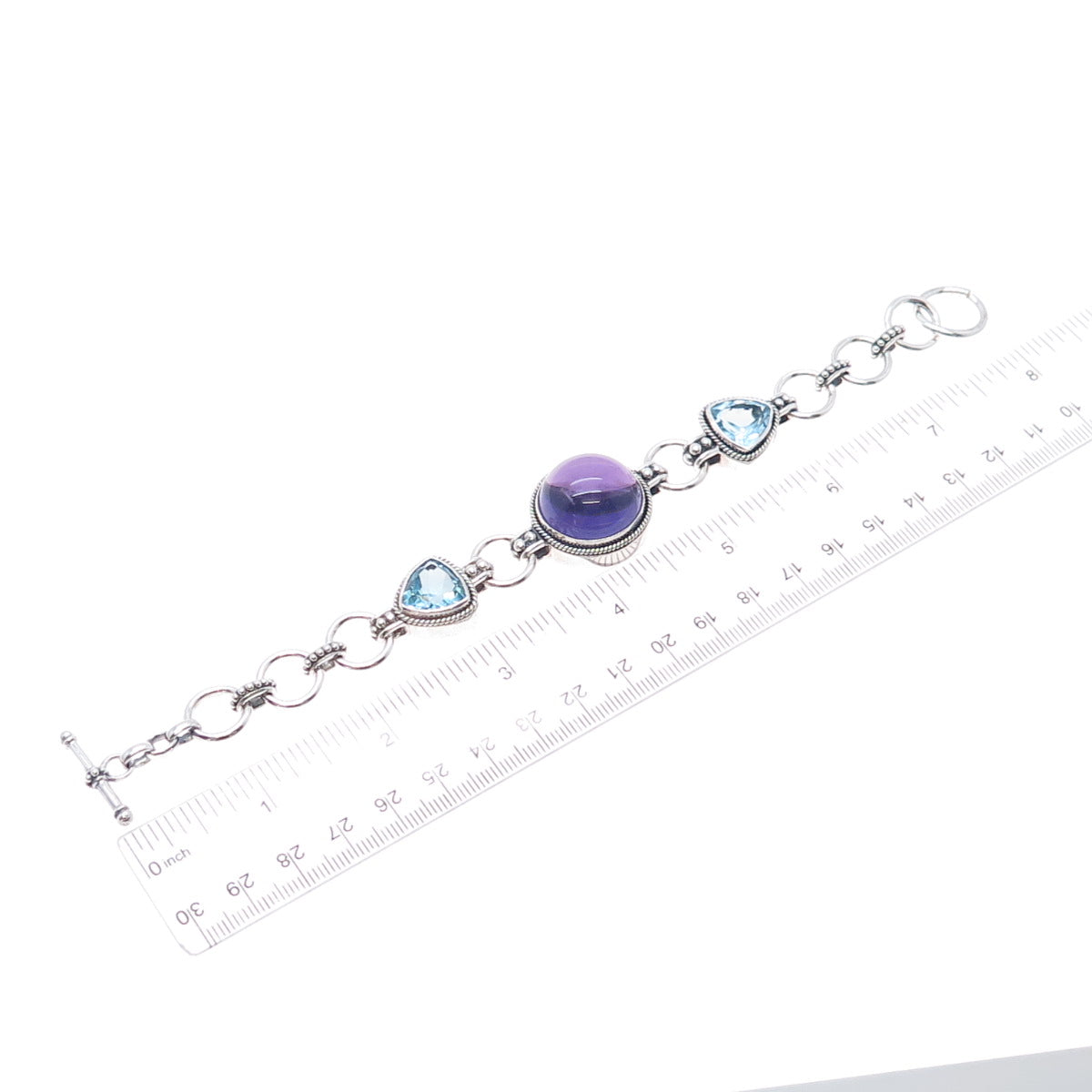 SAMUEL BENHAM Sterling Silver Vintage Real Amethyst & Blue Topaz Bracelet 7.25"