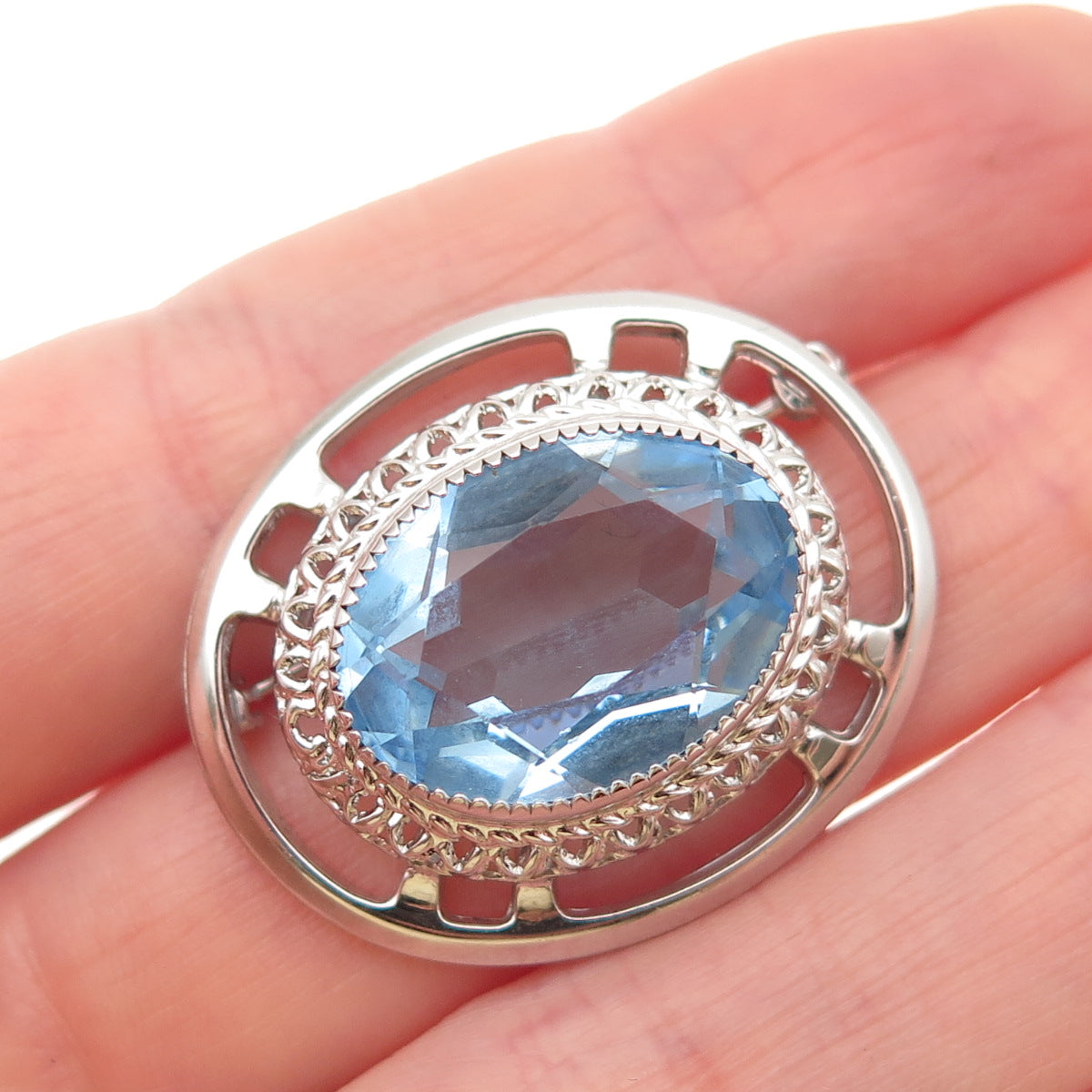 DANECRAFT 925 Sterling Silver Antique Art Deco Oval-Cut Blue Crystal Pin Brooch