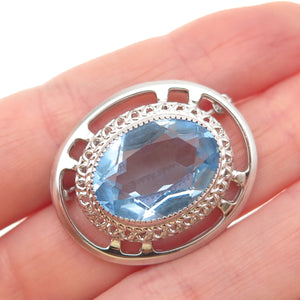 DANECRAFT 925 Sterling Silver Antique Art Deco Oval-Cut Blue Crystal Pin Brooch