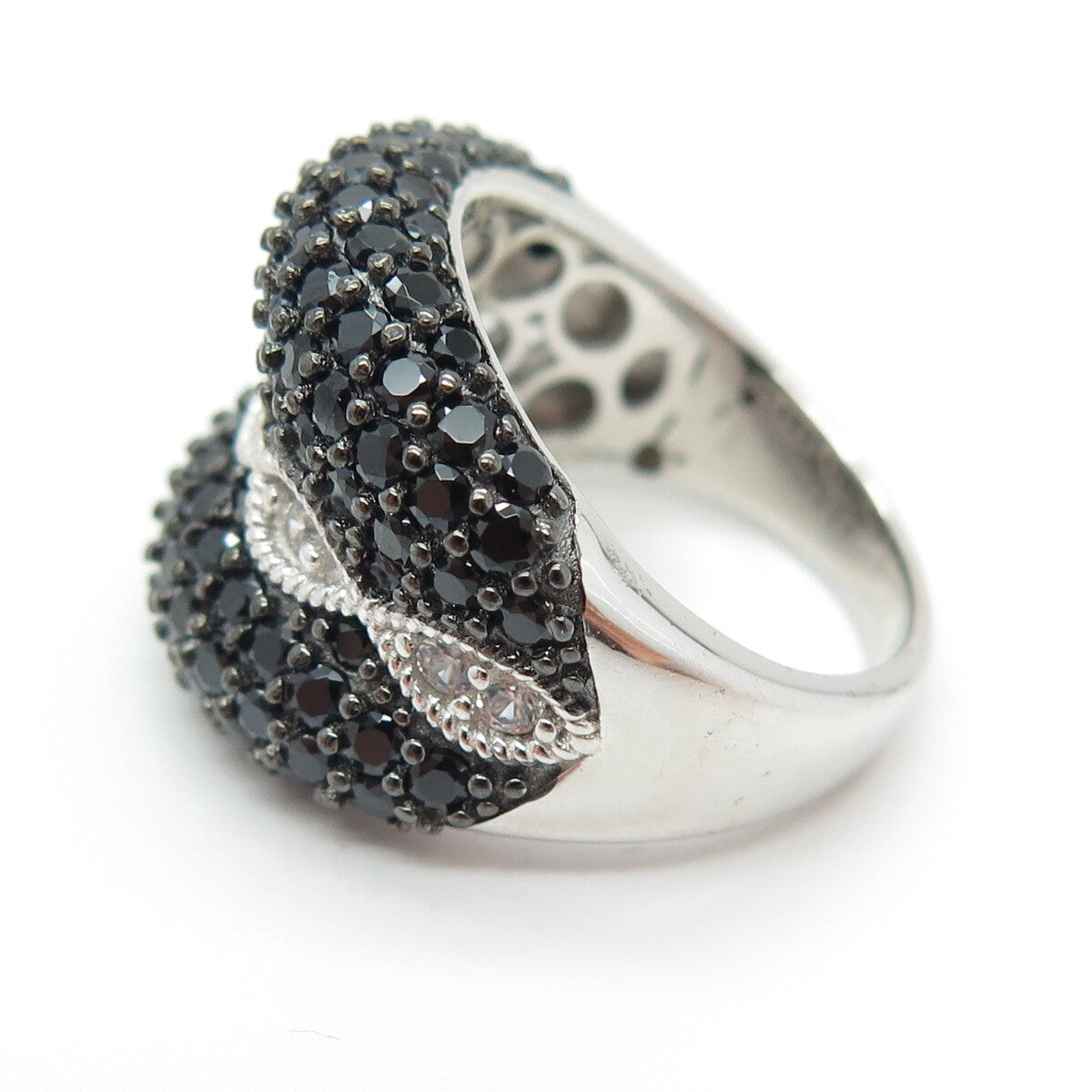 925 Sterling Silver Real Round-Cut White Topaz Black Spinel Marquise Ring Size 8