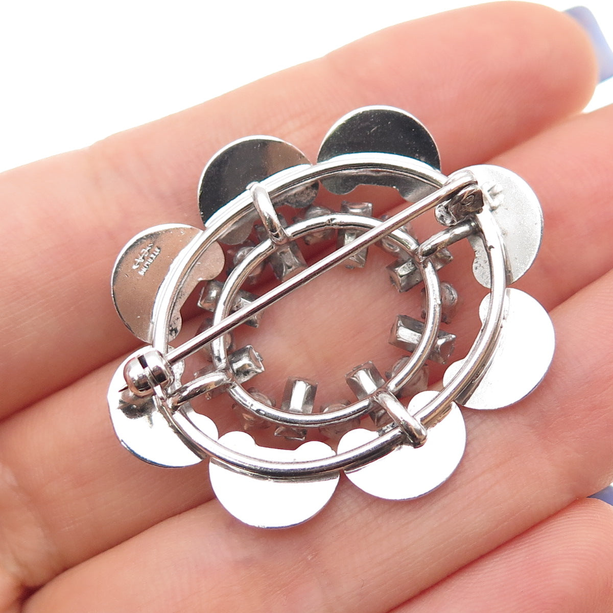 CARL ART 925 Sterling Silver Antique Art Deco Blue & White Rhinestone Pin Brooch