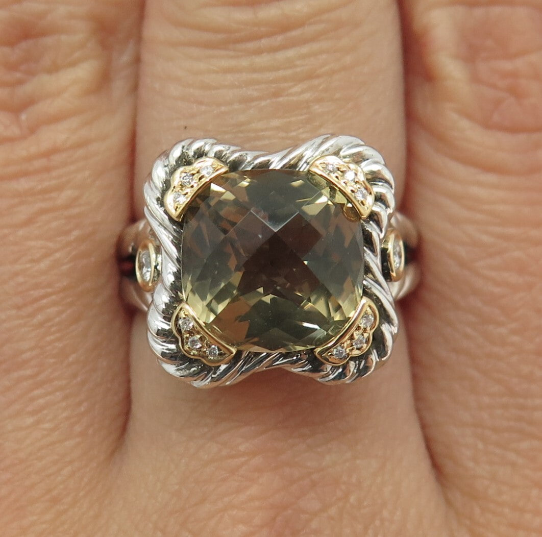 DANWAK 18K Gold Sterling 14 Diamond 0.13ct & Lemon Quartz 5.84ct Ring Size 7