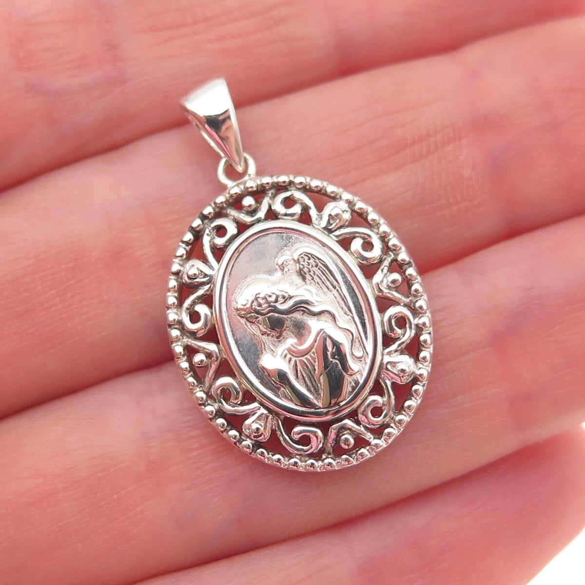 925 Sterling Silver Vintage Praying Angel Ornate Oxidized Charm Pendant