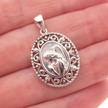 925 Sterling Silver Vintage Praying Angel Ornate Oxidized Charm Pendant