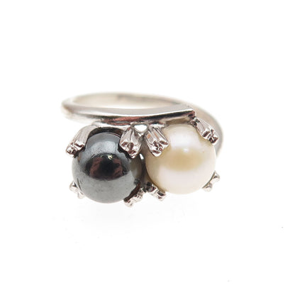 UNCAS 925 Sterling Silver Antique Art Deco Real Hematite & Pearl Ring Size 3.75
