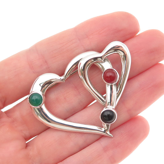 925 Sterling Vintage Mexico Real Green & Black Onyx Carnelian Heart Pin Brooch