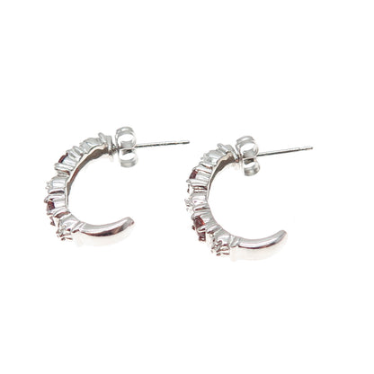 ROSS SIMONS 925 Sterling Silver Real Diamond & Red Garnet Half Hoop Earrings