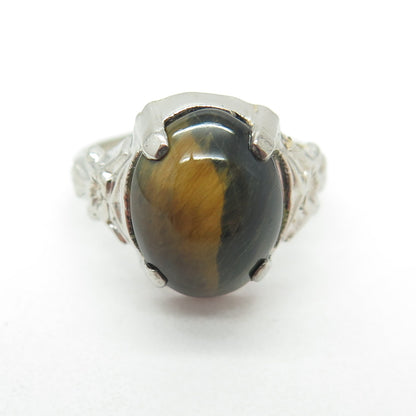 UNCAS 925 Sterling Silver Antique Art Deco Real Tiger Eye Gemstone Ring Size 5.5