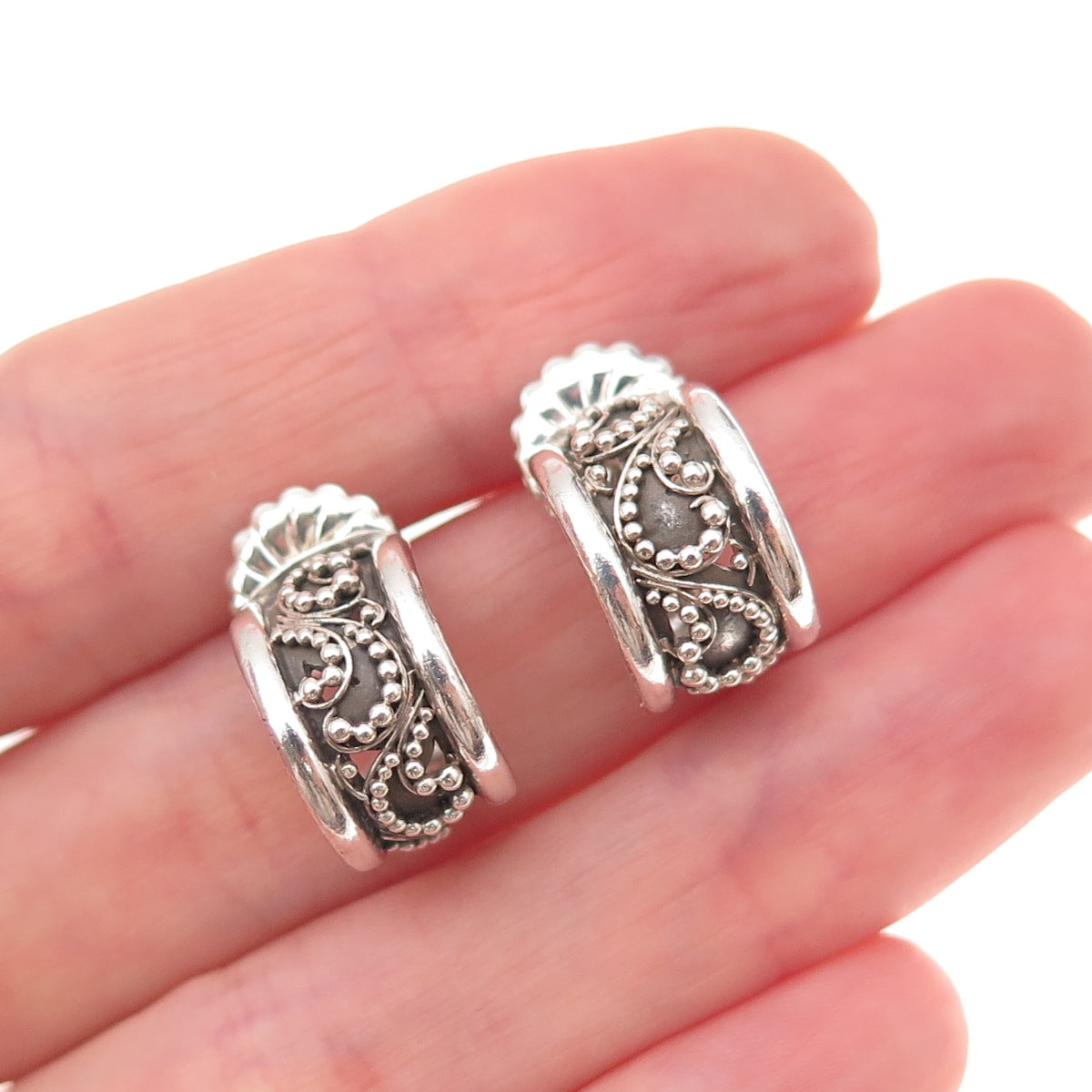 Lois Hill 925 Sterling Silver Vintage Granulated Scroll Hoop Earrings