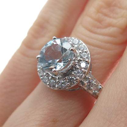 HENG NGAI 925 Sterling Silver Real Round-Cut Blue Topaz & C Z Ring Size 7.25