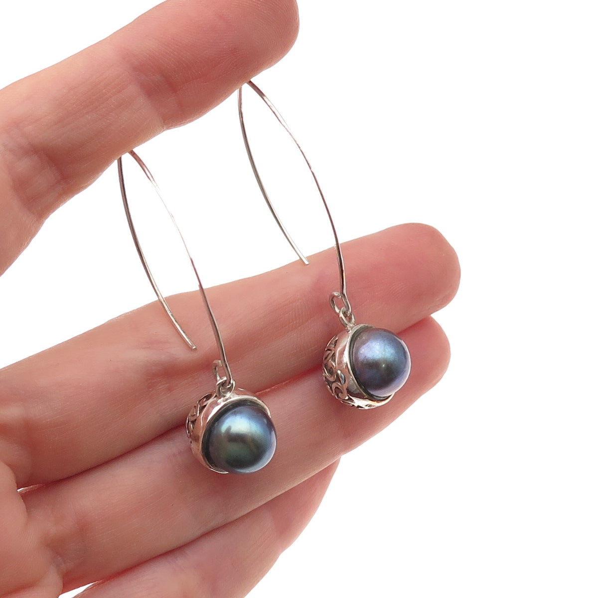 Collins 925 Sterling Silver Vintage Real Tahitian Pearl Dangle Earrings