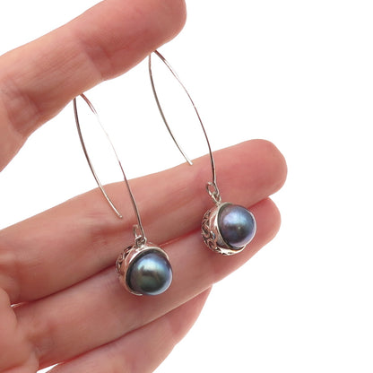 Collins 925 Sterling Silver Vintage Real Tahitian Pearl Dangle Earrings