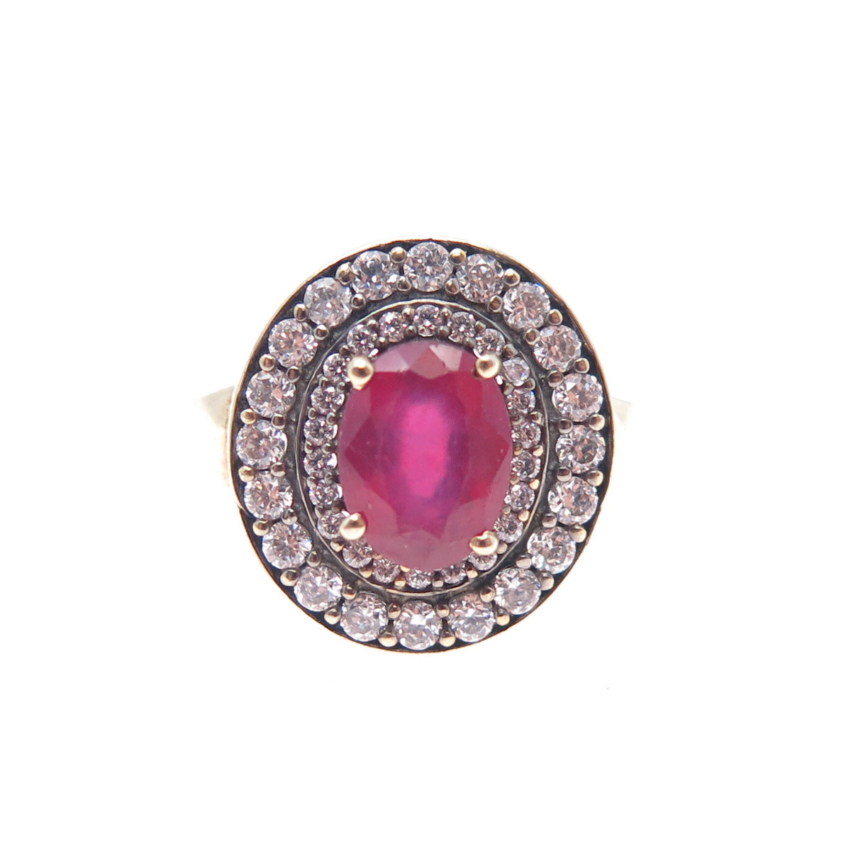 925 Sterling Silver Gold Plated Real Oval-Cut Ruby & C Z Ring Size 6.75