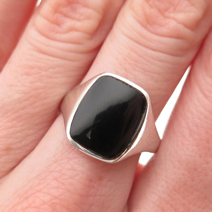 925 Sterling Silver Vintage Real Black Onyx Modernist Ring Size 8.75