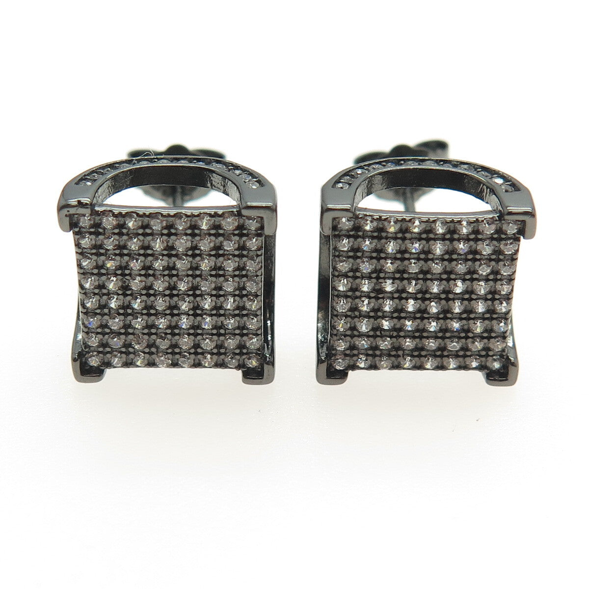 925 Sterling Silver Round-Cut C Z Black Rhodium Stud Earrings
