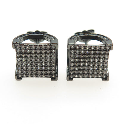 925 Sterling Silver Round-Cut C Z Black Rhodium Stud Earrings
