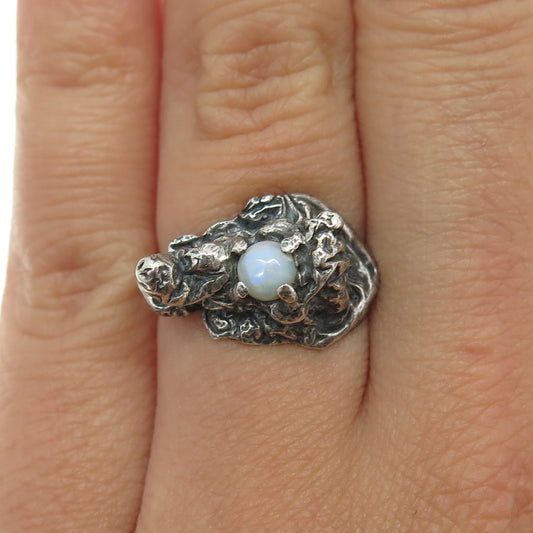 925 Sterling Silver Vintage Real White Opal Gem Brutalist Oxidized Ring Size 6.5