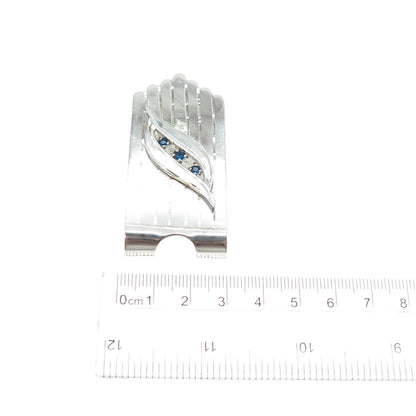 925 Sterling Silver Overlaid Vintage Mexico Blue Rhinestone Modernist Money Clip