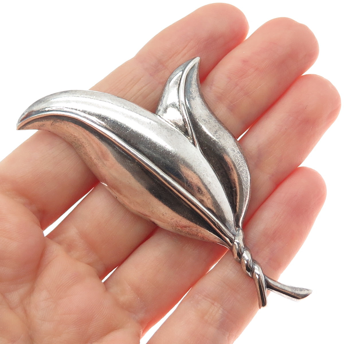 925 Sterling Silver Vintage Modernist Floral Leaf Oxidized Pin Brooch