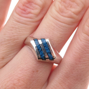 925 Sterling Silver Vintage Real Turquoise Inlay Oxidized Ring Size 7.75