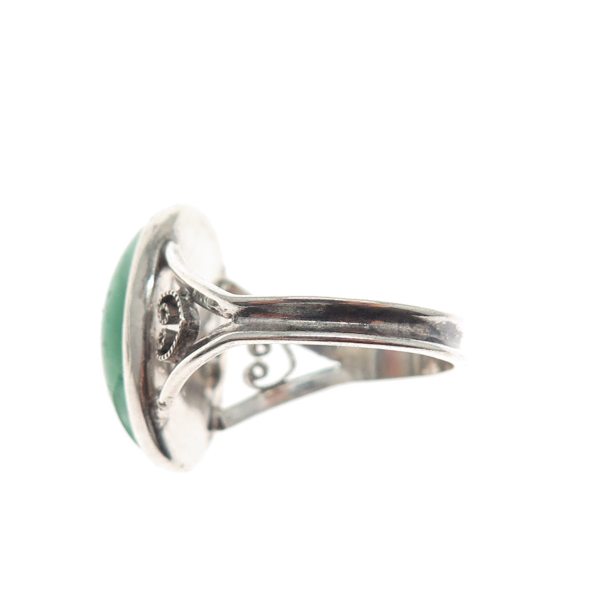 925 Sterling Silver Antique Art Deco Green Glass Filigree Heart Ring Size 5.75