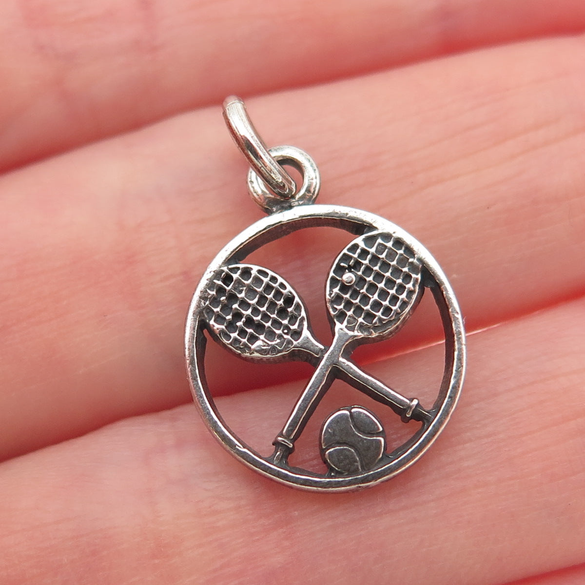925 Sterling Silver Vintage Tennis Rackets & Ball Oxidized Mini Charm Pendant