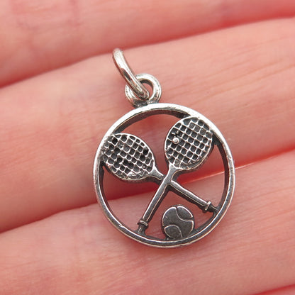 925 Sterling Silver Vintage Tennis Rackets & Ball Oxidized Mini Charm Pendant