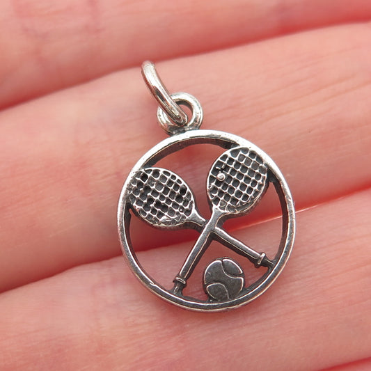 925 Sterling Silver Vintage Tennis Rackets & Ball Oxidized Mini Charm Pendant
